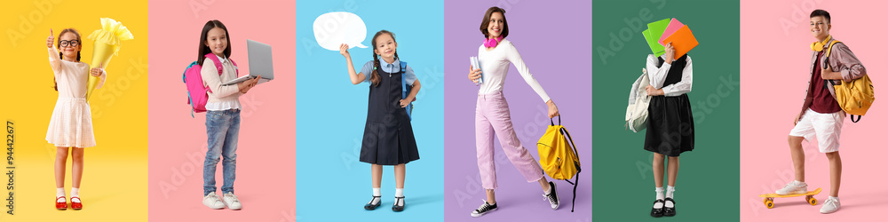 Set of many students on color background Set of many students on color background
