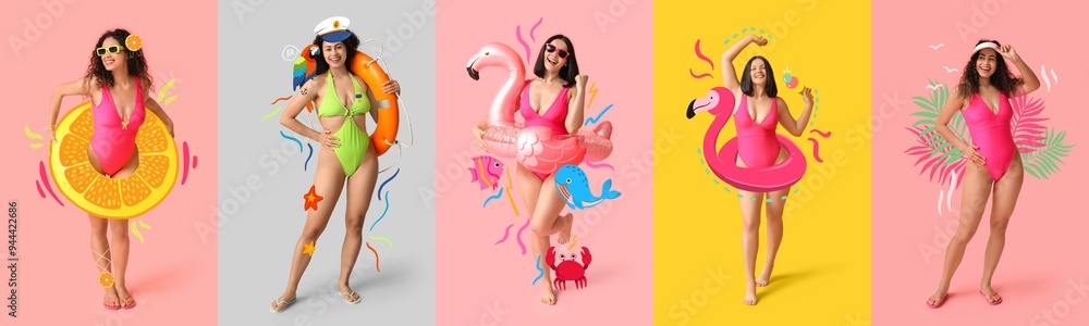 Collage of stylish women in swimsuits on color background