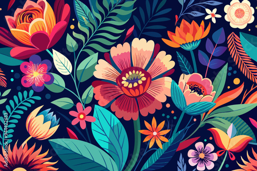 This image showcases a digitally created, vibrant floral pattern featuring various flowers with a dark background, highlighting the contrast and beauty of each element.
