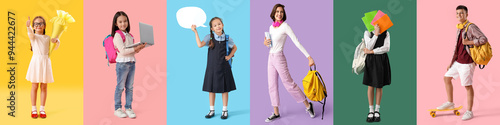 Set of many students on color background