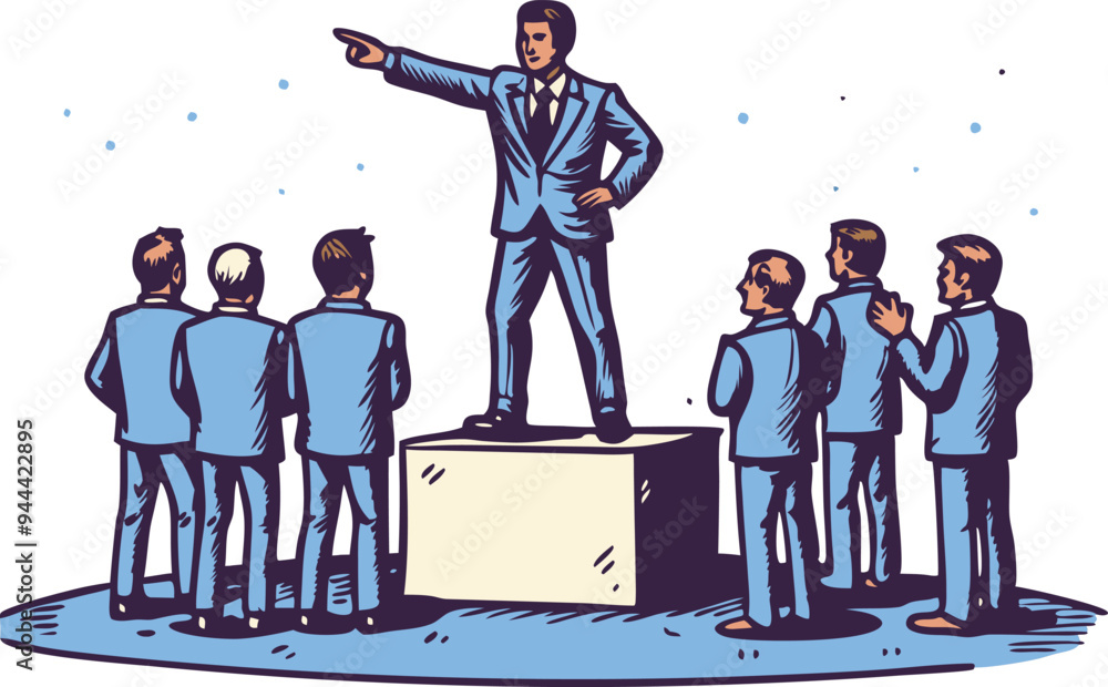 Obraz premium Leader standing on a podium giving a speech to an audience, symbolizing leadership, authority, and public speaking in a handdrawn illustration