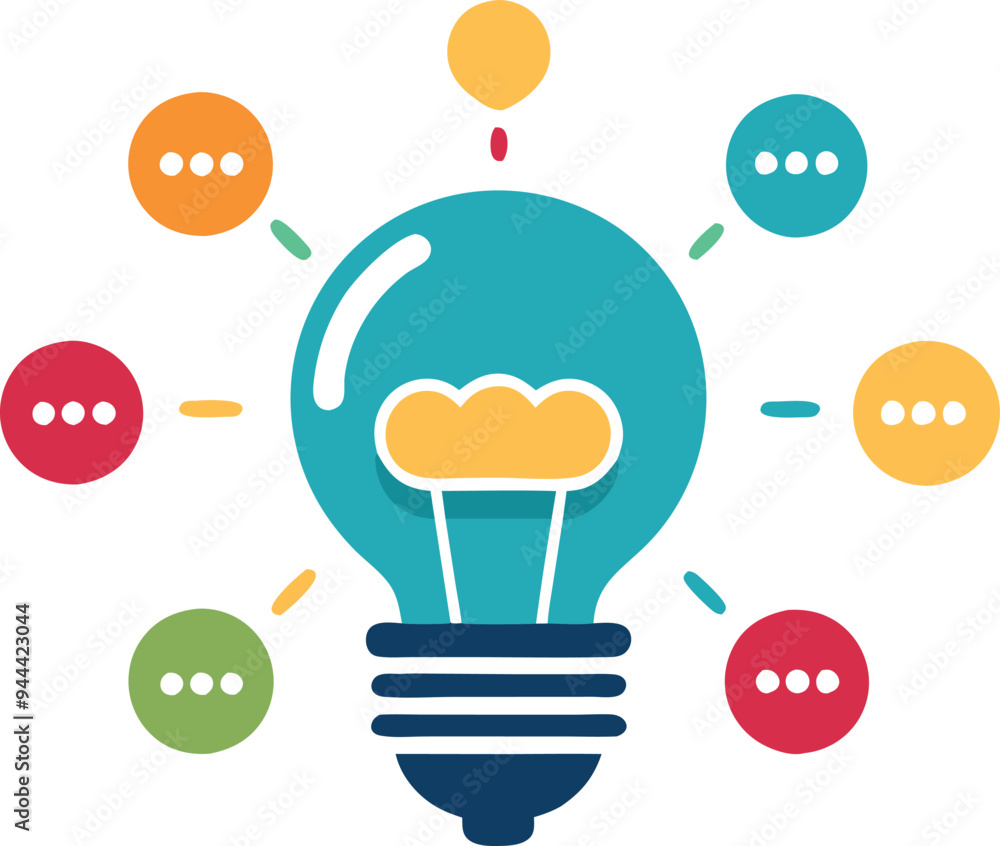 Light bulb surrounded by chat bubbles symbolizing ideas, innovation, and communication in a flat vector design Light bulb surrounded by chat bubbles symbolizing ideas, innovation, and communication in a flat vector design
