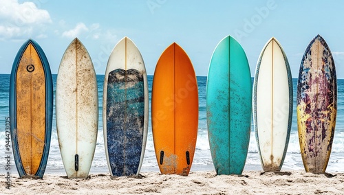 A row of surfboards stands on the beach, with the sun shining in front and the ocean waves