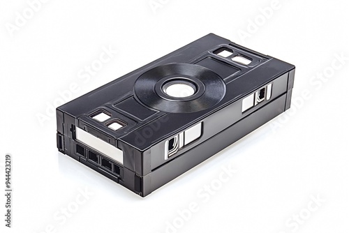 Black video cassette tape is lying on a white background, showing its side with the label facing up. The object is isolated and shot on a white background