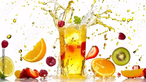 Juice, splashes of juice from a transparent glass, multifruit, fruit flavor. advertising, background for advertising, white background.