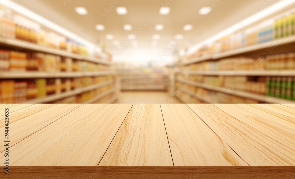 Blurred Supermarket Background with Wooden Table Top for Product Display Montage, Light Brown Color Theme, and Shelves with People Blurred Supermarket Background with Wooden Table Top for Product Display Montage, Light Brown Color Theme, and Shelves with People