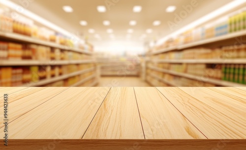 Wallpaper Mural Blurred Supermarket Background with Wooden Table Top for Product Display Montage, Light Brown Color Theme, and Shelves with People Torontodigital.ca