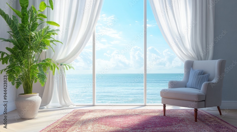 Fototapeta premium Detail of flat or living room with sea view on a sunny day. Romantic space with large window and armchair and carpet on the left. There is a feeling of peace and quiet. 