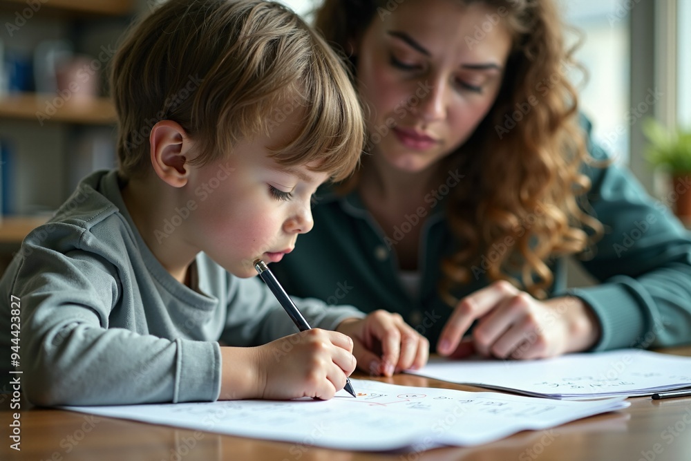 A mother or tutor assisting a young student with their studies, great for education and family themes A mother or tutor assisting a young student with their studies, great for education and family themes