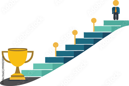 Person climbing stairs toward a trophy, symbolizing success, achievement, and growth in a flat vector design