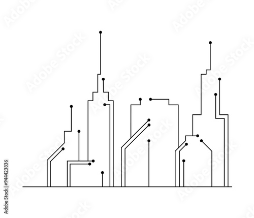 Black line illustration of a city skyline with circuit-like connections, symbolizing technology, smart cities, and urban networks. Suitable for tech themes and futuristic concepts.