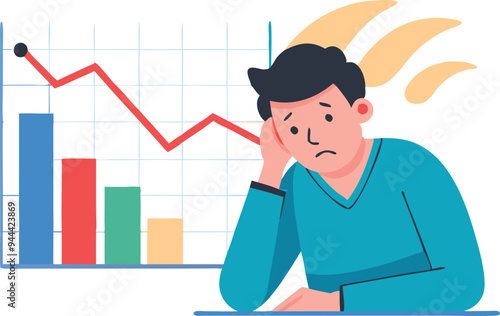 Worried man looking at a falling stock chart, symbolizing financial loss, economic crisis, and failure in a flat vector illustration