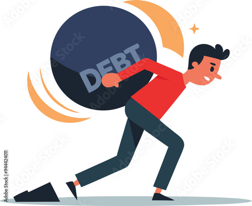 Man carrying a heavy debt symbol on his back, representing financial burden in a flat vector illustration
