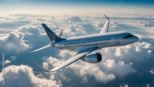 Commercial jet gliding above fluffy clouds on a sunny day