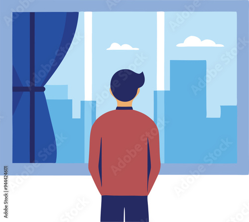 Person standing by a window looking out at the city, symbolizing isolation and reflection in a flat vector design