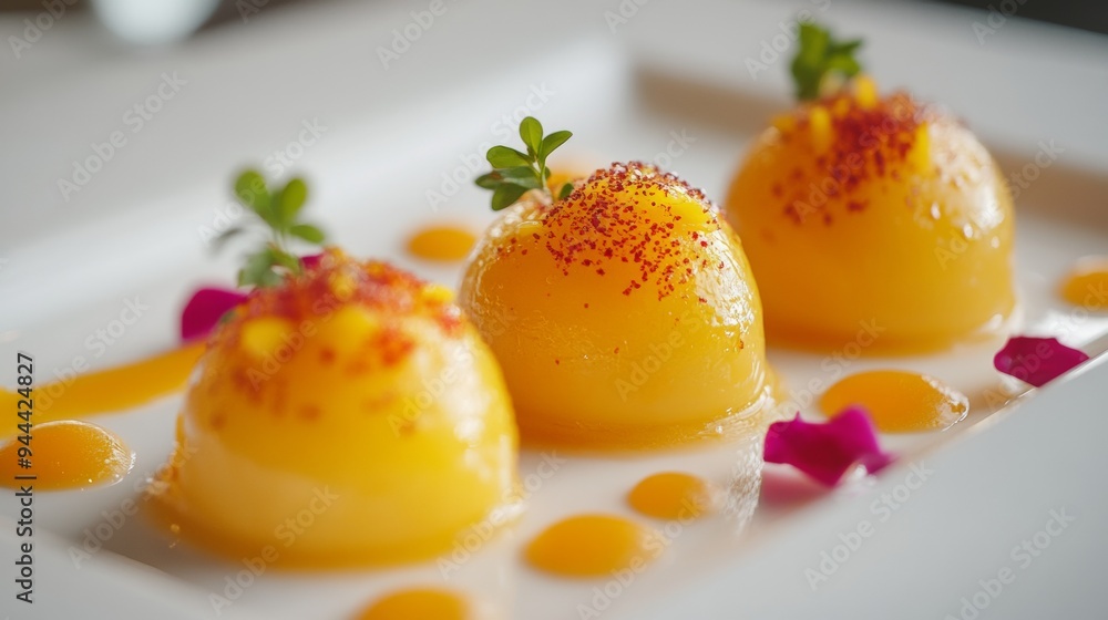 Mango sphere molecular cuisine dishes. Mango sphere molecular cuisine dishes.
