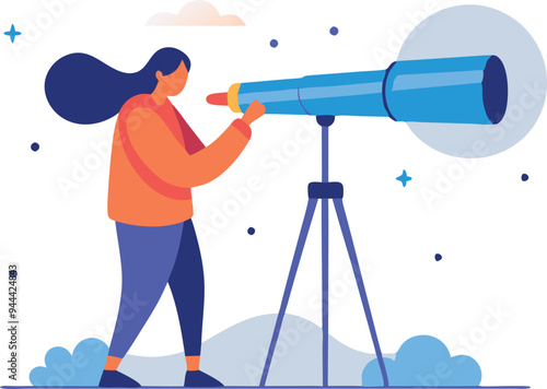 Female astronomer looking through telescope under the stars, depicting a search for knowledge and exploration