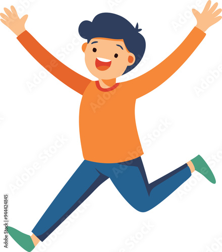 Happy child jumping in excitement with arms raised, representing joy and energy in simple flat style