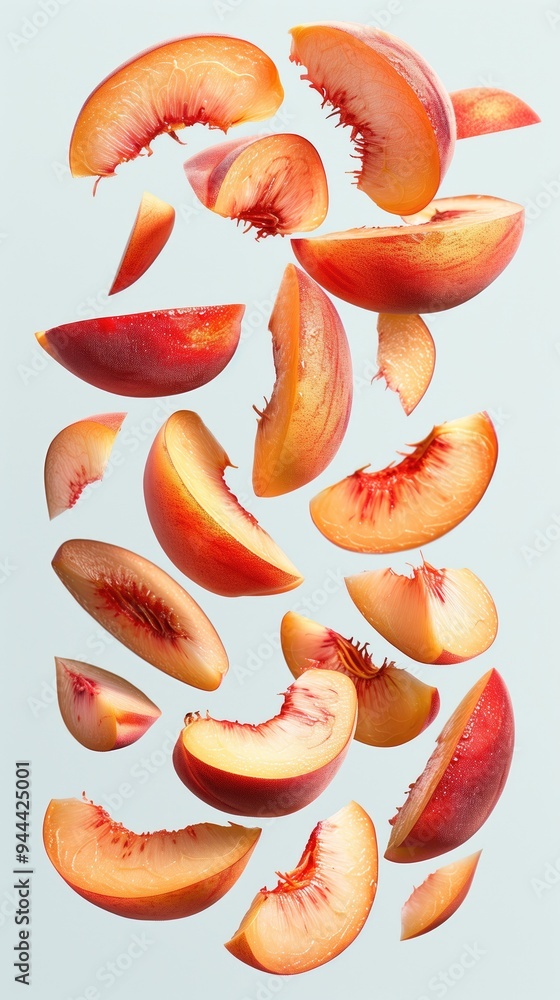 Falling Peach Slices, Delicious Tasty Fruit, Organic Sweet Snack, Isolated Culinary Business Marketing Backdrop Concept, Farm Fresh Agriculture Wallpaper, White Background for Easy Editing Falling Peach Slices, Delicious Tasty Fruit, Organic Sweet Snack, Isolated Culinary Business Marketing Backdrop Concept, Farm Fresh Agriculture Wallpaper, White Background for Easy Editing