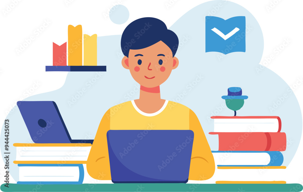 Focused young man working on laptop with books, coffee cup, and icons of communication, technology and productivity on light background. Focused young man working on laptop with books, coffee cup, and icons of communication, technology and productivity on light background.
