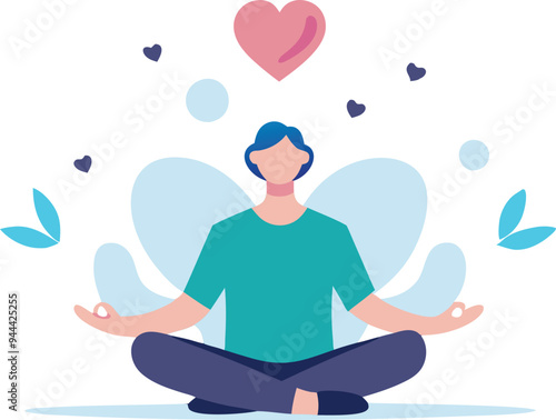 Peaceful person meditating in lotus pose with hearts and calm icons, representing selfcare, mental health, and inner peace in a serene setting.