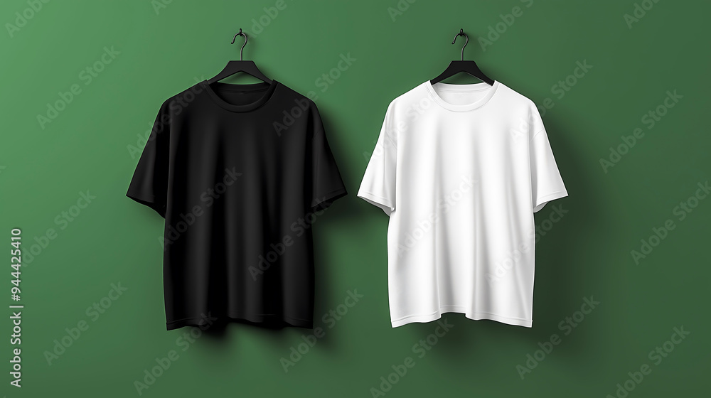 Two plain black and white oversized t-shirt hanging on an empty hanger Two plain black and white oversized t-shirt hanging on an empty hanger