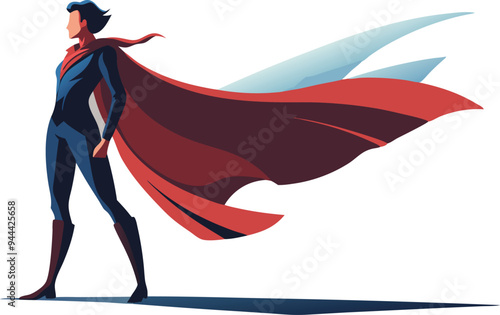 Heroic superhero character standing with a billowing cape, symbolizing courage, determination, and power in a dynamic and modern illustration.