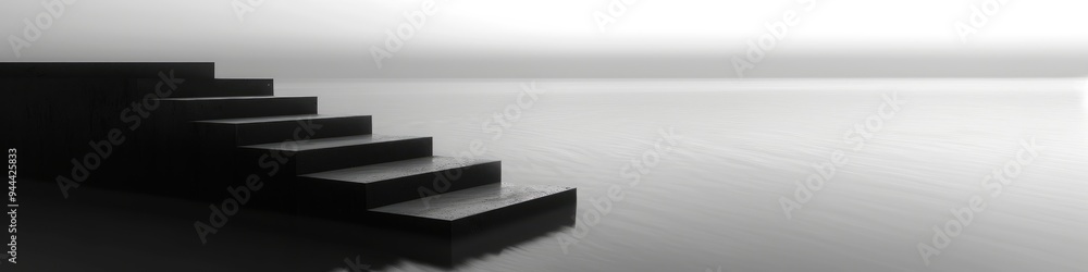 Minimalist Black and White Seascape Featuring Stairs Leading into the Ocean with Smooth Water Minimalist Black and White Seascape Featuring Stairs Leading into the Ocean with Smooth Water