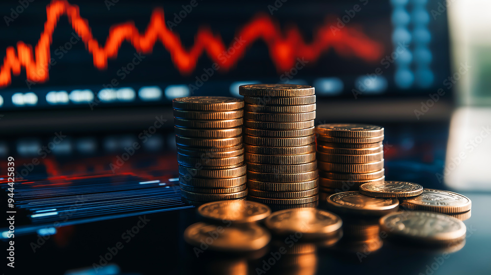 Stack of coins with trading chart in financial on background. Financial investment business stock growth economy banking management concept. Profit exchange currency digital economic trade	