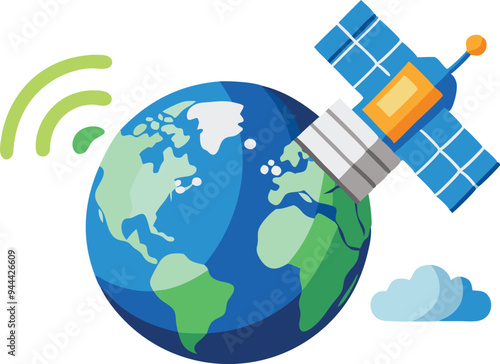 Satellite hovering above Earth, symbolizing communication, global technology, and modern space advancements in a vibrant and dynamic design.