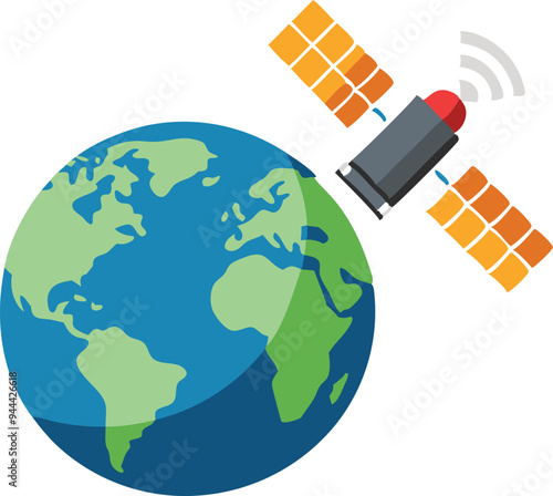 Satellite orbiting Earth, representing global communication, connectivity, and space technology in a modern and colorful illustration.