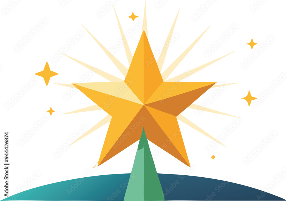 Shining gold star rising from a hill, symbolizing success, recognition, and excellence in a bright and celebratory illustration.