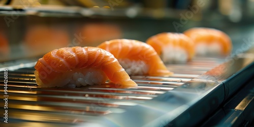 Close up of a conveyor belt sushi roller with a plate containing three pieces of salmon sushi at a Kaiten zushi restaurant photo