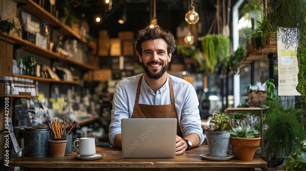 A smiling barista working at a cozy café with plants, during a sunny afternoon in a bustling urban environment A smiling barista working at a cozy café with plants, during a sunny afternoon in a bustling urban environment