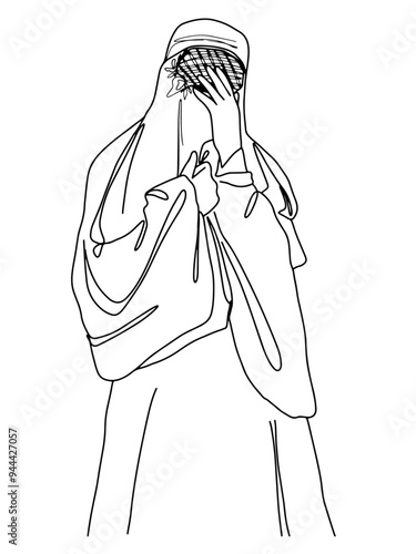 Woman in burka in despair outline vector illustration. A muslim woman in a burqa or burka one line illustration, isolated on white. Refugee poster concept. Save Afghan women