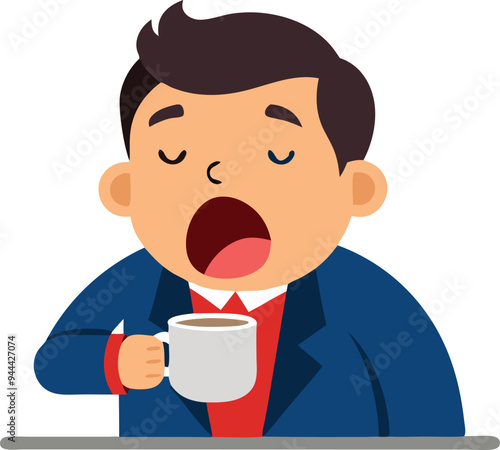 Sleepy man with a cup of tea or coffee, yawning in a simple illustration, symbolizing fatigue, morning grogginess, or lack of sleep.