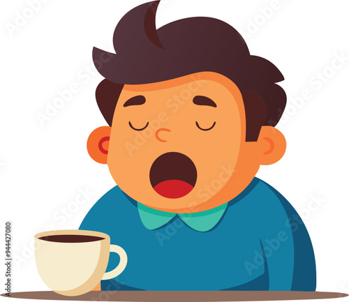 Tired man yawning with a cup of coffee, representing exhaustion, fatigue, and the need for energy in a simple cartoon illustration.
