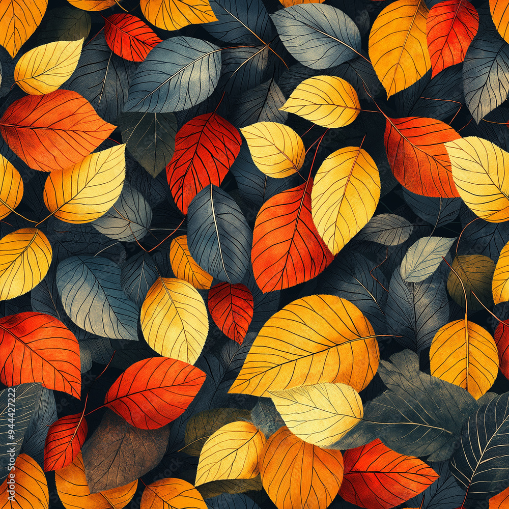 Piles of colorful stylized autumn leaves, seamless pattern Piles of colorful stylized autumn leaves, seamless pattern