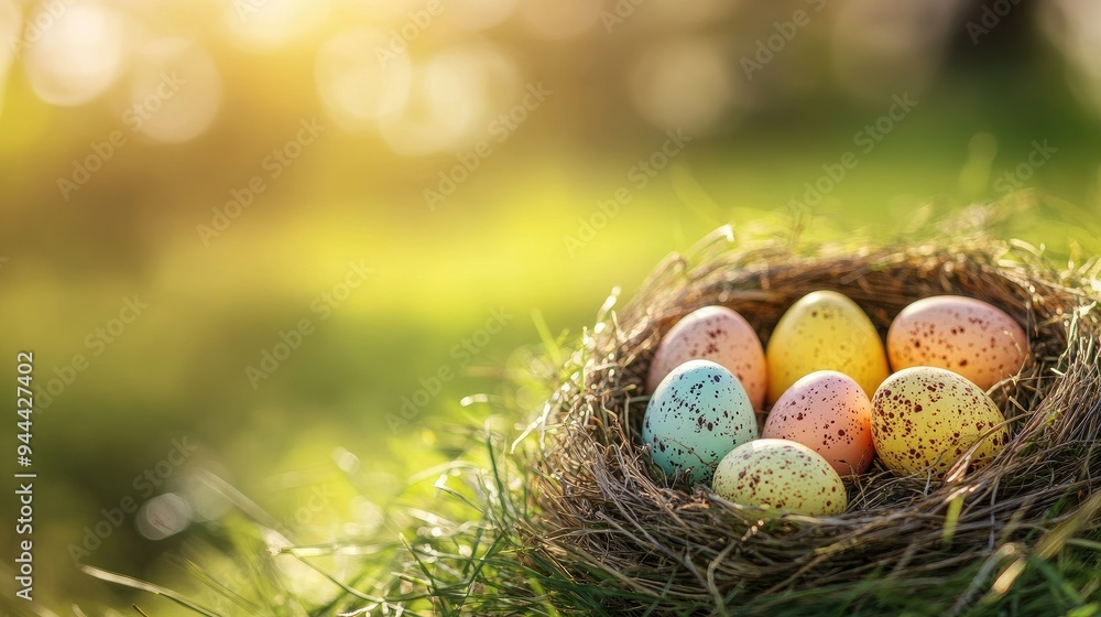 Obraz premium Nest with easter eggs in grass on a sunny spring day