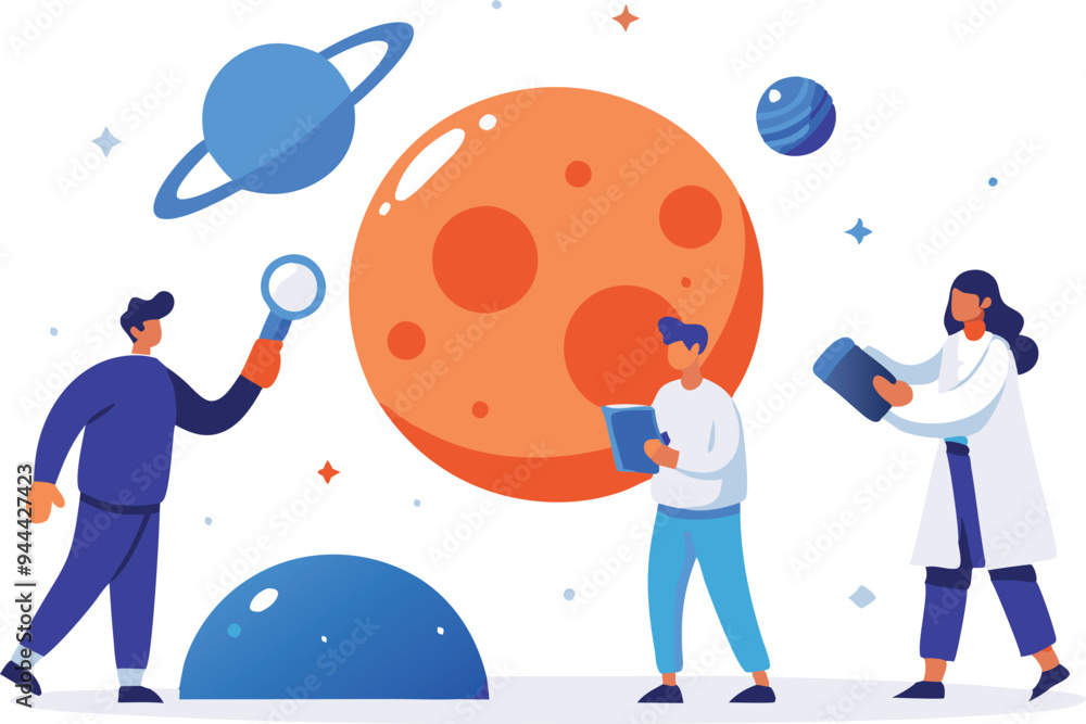 Children exploring space with planets and stars, representing space exploration, curiosity, and science learning in a colorful and educational illustration. Children exploring space with planets and stars, representing space exploration, curiosity, and science learning in a colorful and educational illustration.