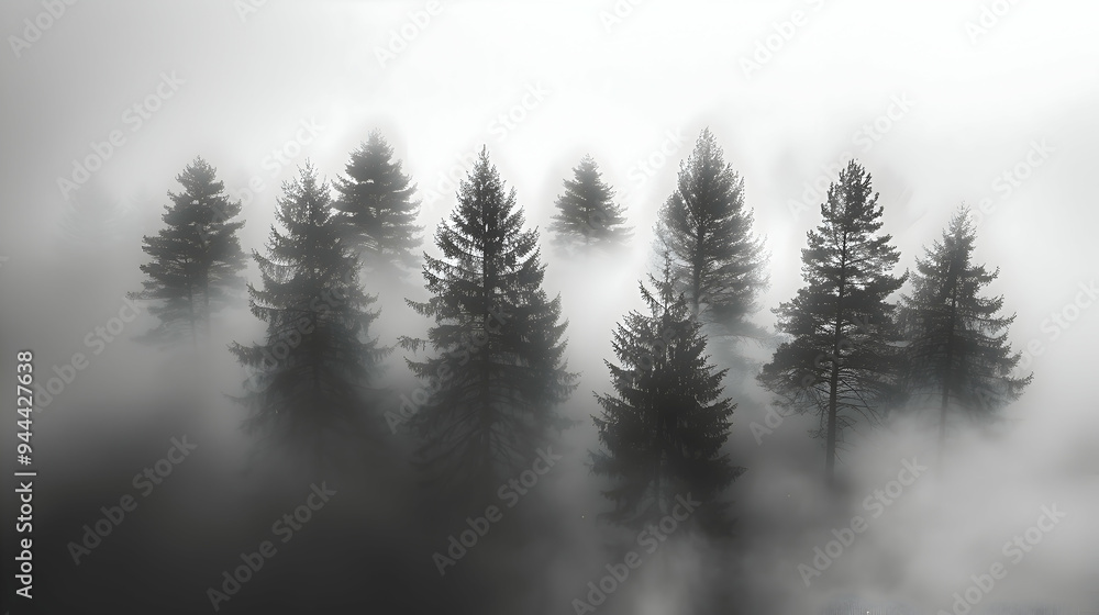 Fototapeta premium A foggy forest where 2D mist blends into 3D trees, captured with a shallow depth of field to create a mystical effect.