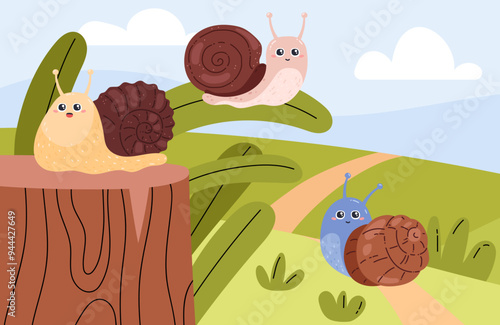 Vector illustration with snails on the background of a landscape with grass, sky and clouds