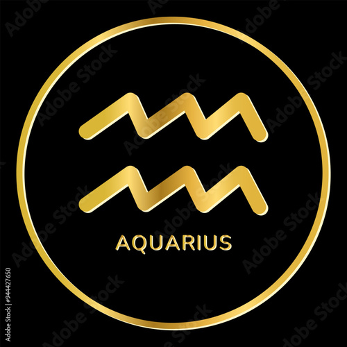 Aquarius zodiac sign icon. Gold shine line icon isolated on black background. Tattoo, zodiac symbol. Astrological, zodiacal horoscope. Vector illustration.