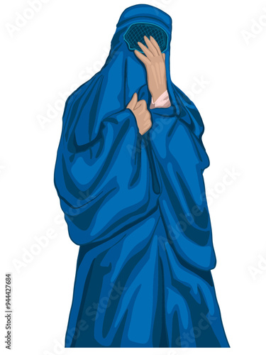 Woman in blue burka in despair simple vector illustration. A muslim woman in a burqa or burka colorful illustration, isolated on white. Refugee poster concept. Save Afghan women