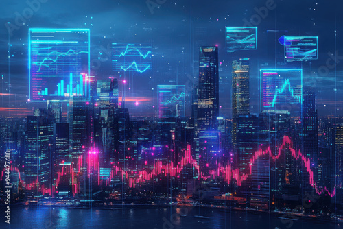 A city skyline with digital stock market charts overlay, with a technological and financial concept on a dark background