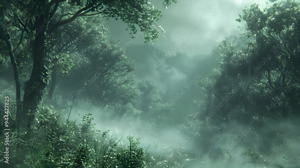 A foggy forest where 2D mist blends into 3D trees, captured with a shallow depth of field to create a mystical effect. A foggy forest where 2D mist blends into 3D trees, captured with a shallow depth of field to create a mystical effect.