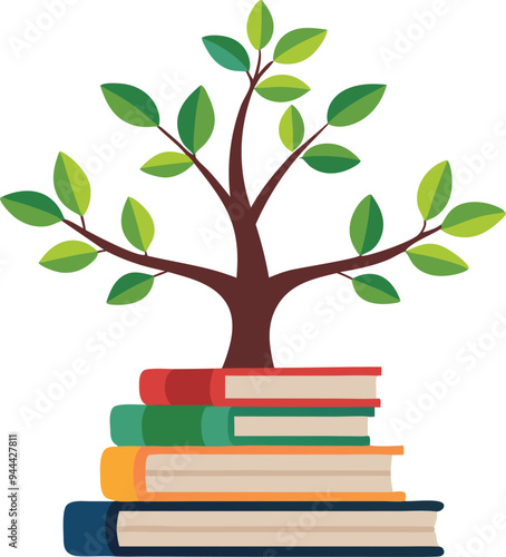Growing tree on top of books, symbolizing knowledge, education, and growth in a conceptual and creative illustration.