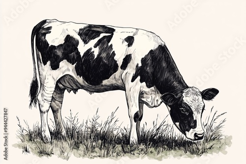 Grazing Cows in Pasture - Hand-Drawn Illustration