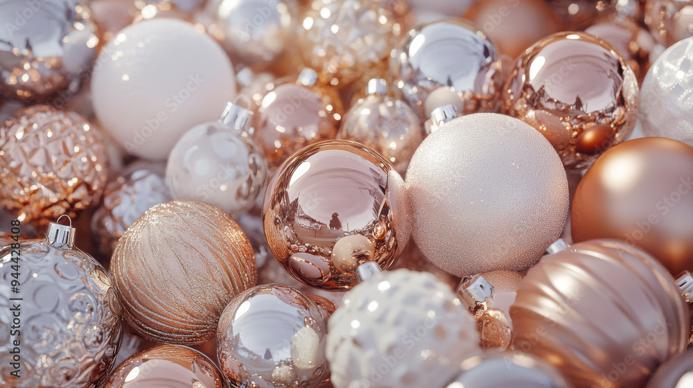 A collection of elegant Christmas ornaments in soft pastel shades of silver, rose gold, and white, creating a luxurious and festive mood, perfect for holiday decoration inspiration. A collection of elegant Christmas ornaments in soft pastel shades of silver, rose gold, and white, creating a luxurious and festive mood, perfect for holiday decoration inspiration.