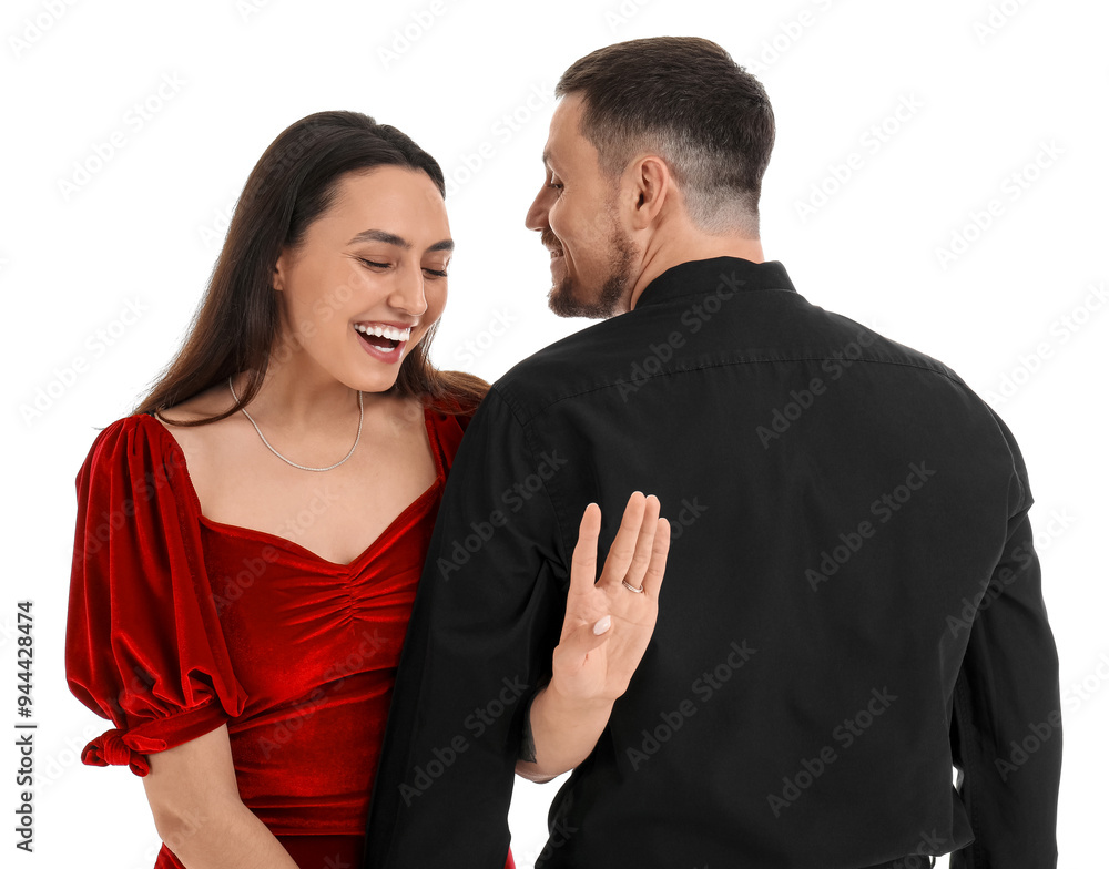 Happy engaged couple on white background Happy engaged couple on white background